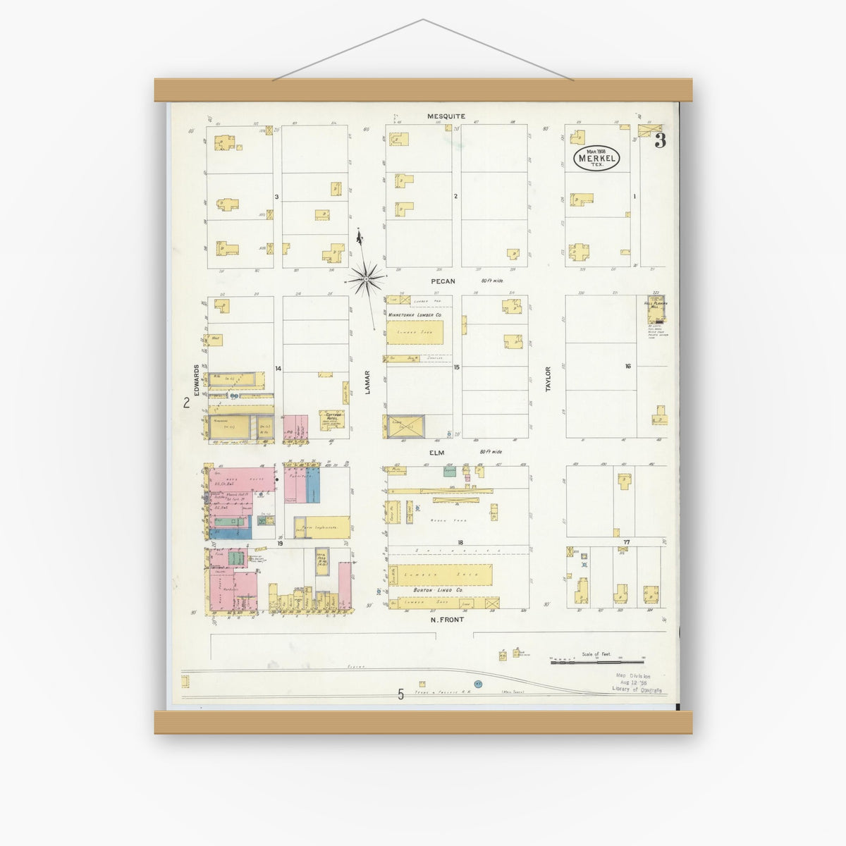 Old map wall art mockup — magnetic wood frame on white wall — Sanborn Fire Insurance Map from Merkel, Taylor County, Texas (1908), Sheet #0003