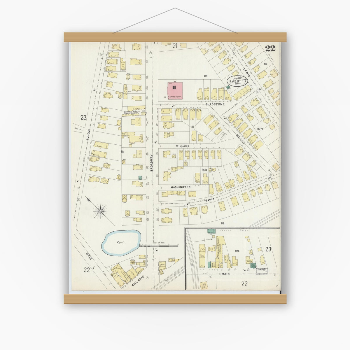 Old map wall art mockup — magnetic wood frame on white wall — Sanborn Fire Insurance Map from Everett, Middlesex County, Massachusetts (1897), Sheet #0022