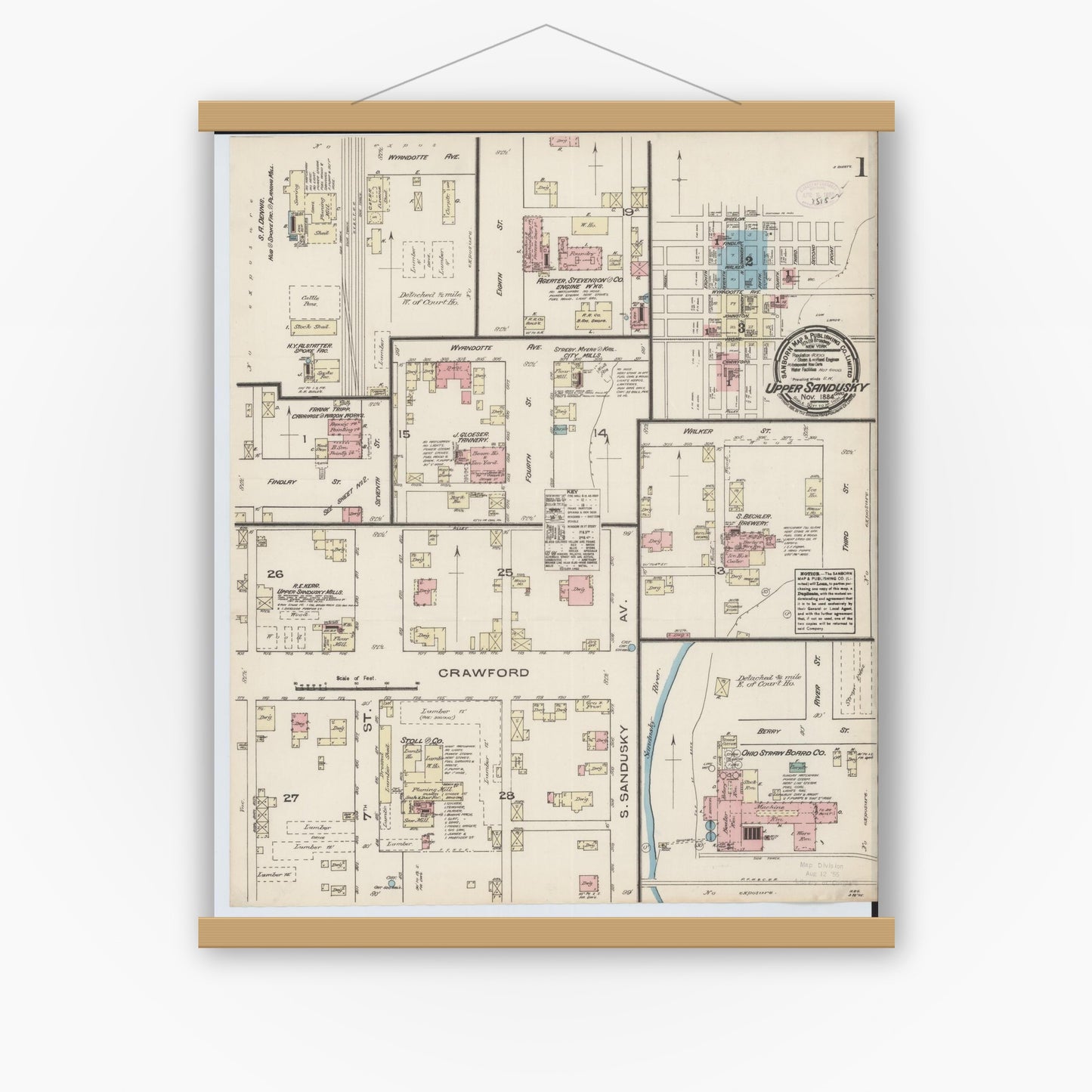 Old map wall art mockup — magnetic wood frame on white wall — Sanborn Fire Insurance Map from Upper Sandusky, Wyandot County, Ohio (1884), Sheet #0001