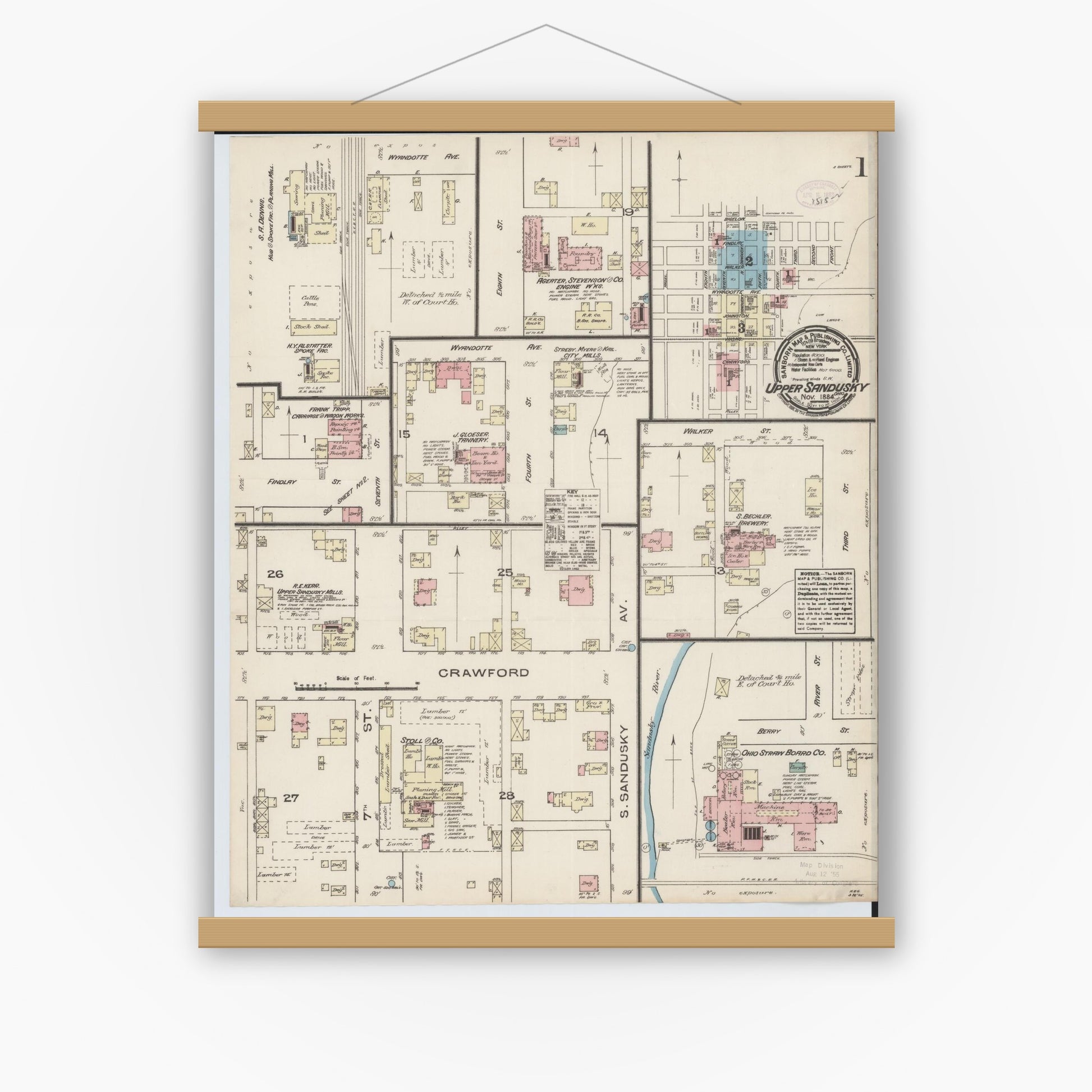 Old map wall art mockup — magnetic wood frame on white wall — Sanborn Fire Insurance Map from Upper Sandusky, Wyandot County, Ohio (1884), Sheet #0001