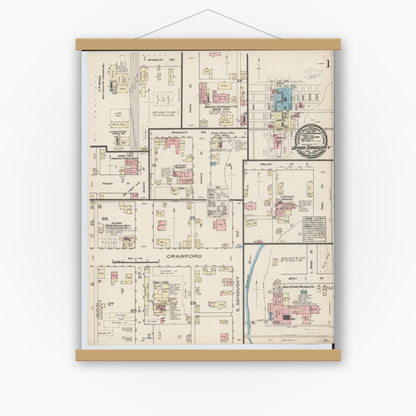 Old map wall art mockup — magnetic wood frame on white wall — Sanborn Fire Insurance Map from Upper Sandusky, Wyandot County, Ohio (1884), Sheet #0001