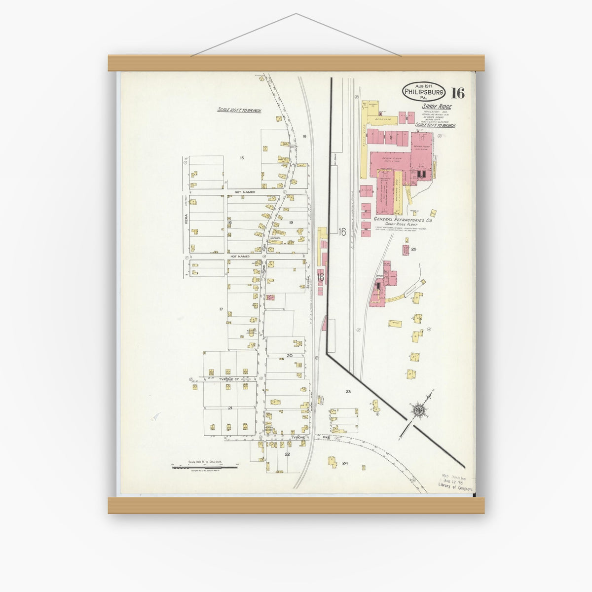 Old map wall art mockup — magnetic wood frame on white wall — Sanborn Fire Insurance Map from Philipsburg, Centre County, Pennsylvania (1917), Sheet #0016