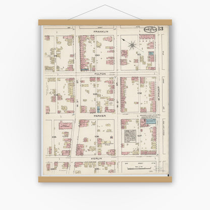 Old map wall art mockup — magnetic wood frame on white wall — Sanborn Fire Insurance Map from Chester, Delaware County, Pennsylvania (1885), Sheet #0013