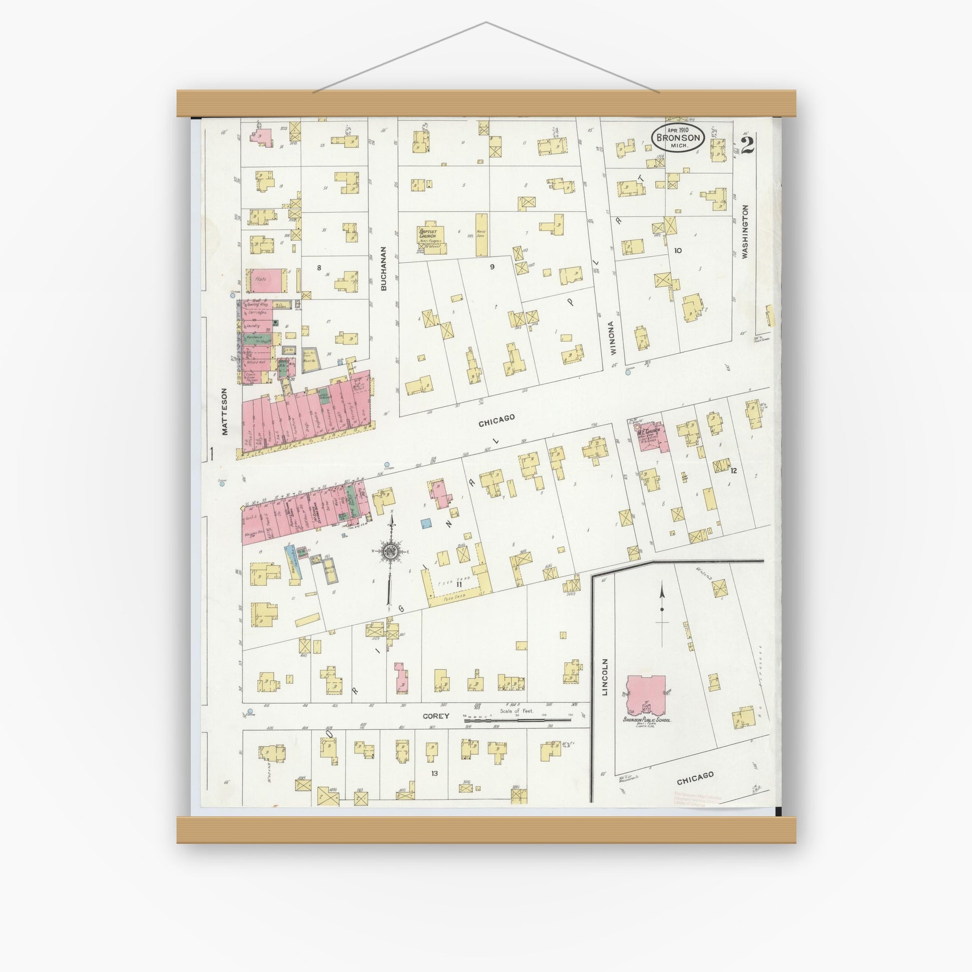 Old map wall art mockup — magnetic wood frame on white wall — Sanborn Fire Insurance Map from Bronson, Branch  County, Michigan (1910), Sheet #0002