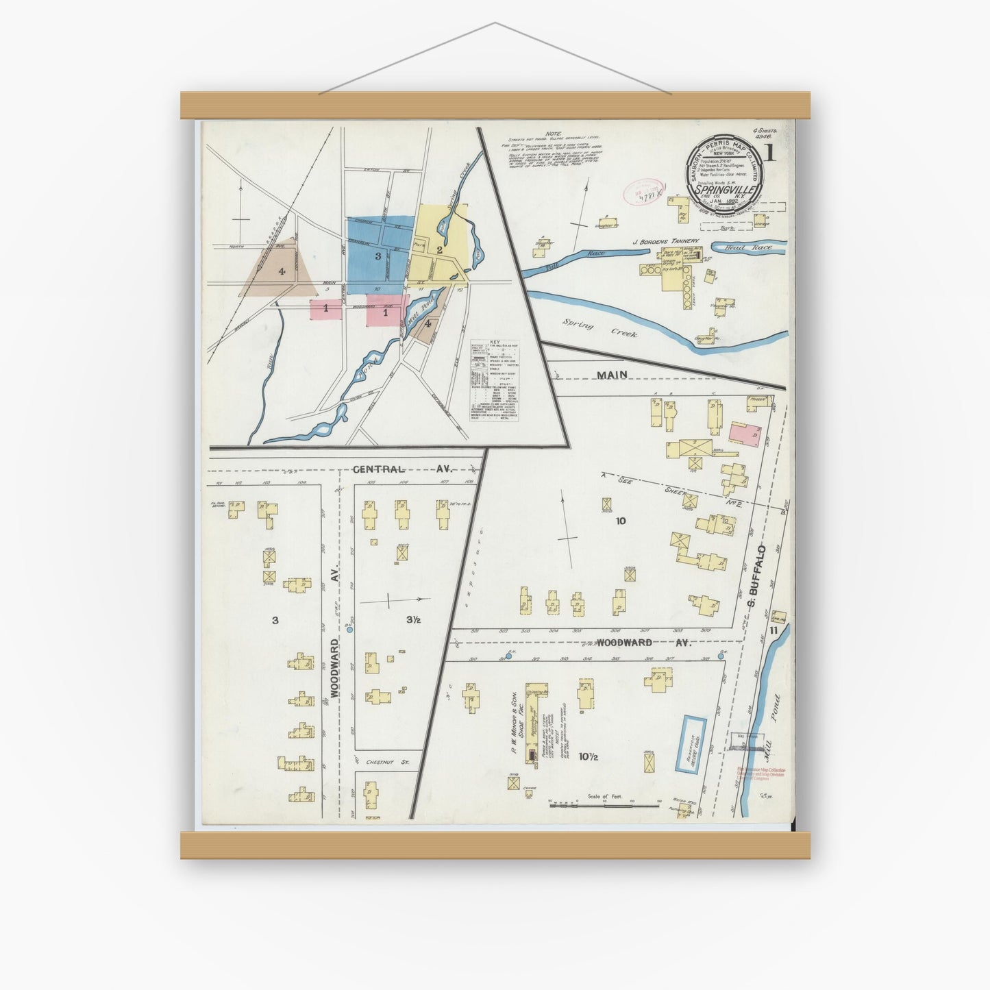 Old map wall art mockup — magnetic wood frame on white wall — Sanborn Fire Insurance Map from Springville, Erie County, New York (1892), Sheet #0001