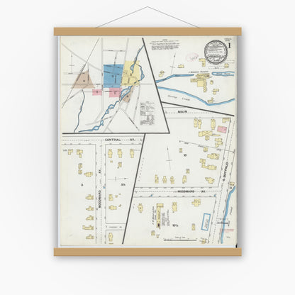 Old map wall art mockup — magnetic wood frame on white wall — Sanborn Fire Insurance Map from Springville, Erie County, New York (1892), Sheet #0001