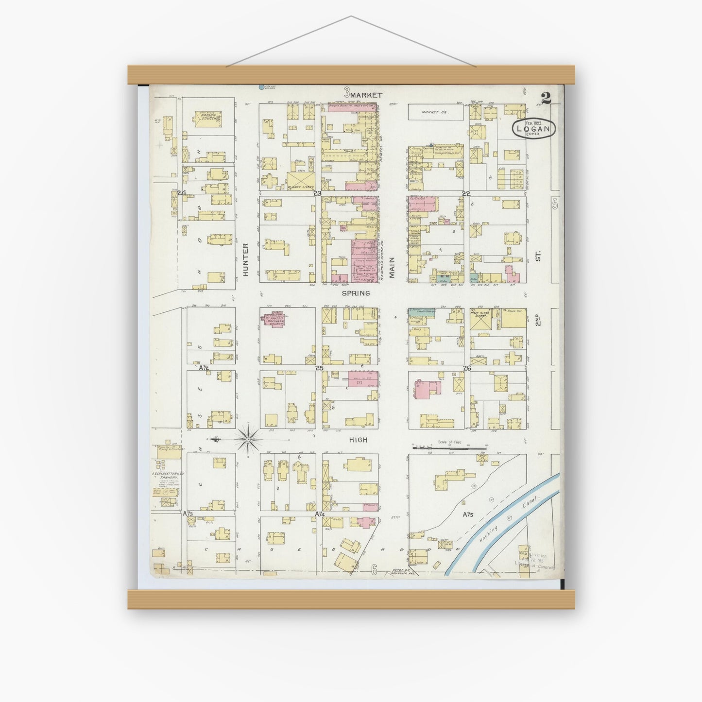 Old map wall art mockup — magnetic wood frame on white wall — Sanborn Fire Insurance Map from Logan, Hocking County, Ohio (1893), Sheet #0002