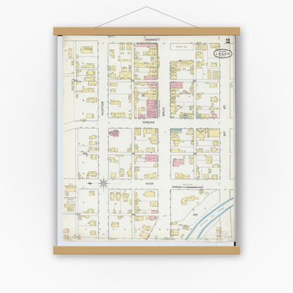 Old map wall art mockup — magnetic wood frame on white wall — Sanborn Fire Insurance Map from Logan, Hocking County, Ohio (1893), Sheet #0002