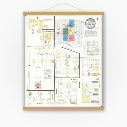 Old map wall art mockup — magnetic wood frame on white wall — Sanborn Fire Insurance Map from Storm Lake, Buena Vista County, Iowa (1909), Sheet #0001