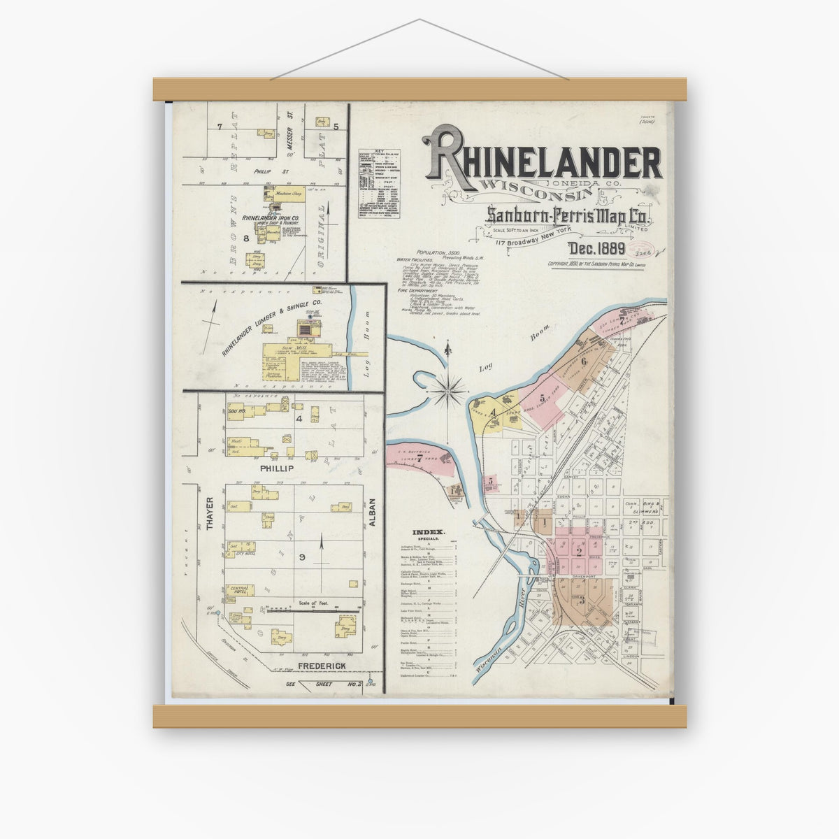 Old map wall art mockup — magnetic wood frame on white wall — Sanborn Fire Insurance Map from Rhinelander, Oneida County, Wisconsin (1889) - Complete Map Set