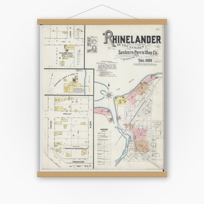 Old map wall art mockup — magnetic wood frame on white wall — Sanborn Fire Insurance Map from Rhinelander, Oneida County, Wisconsin (1889) - Complete Map Set