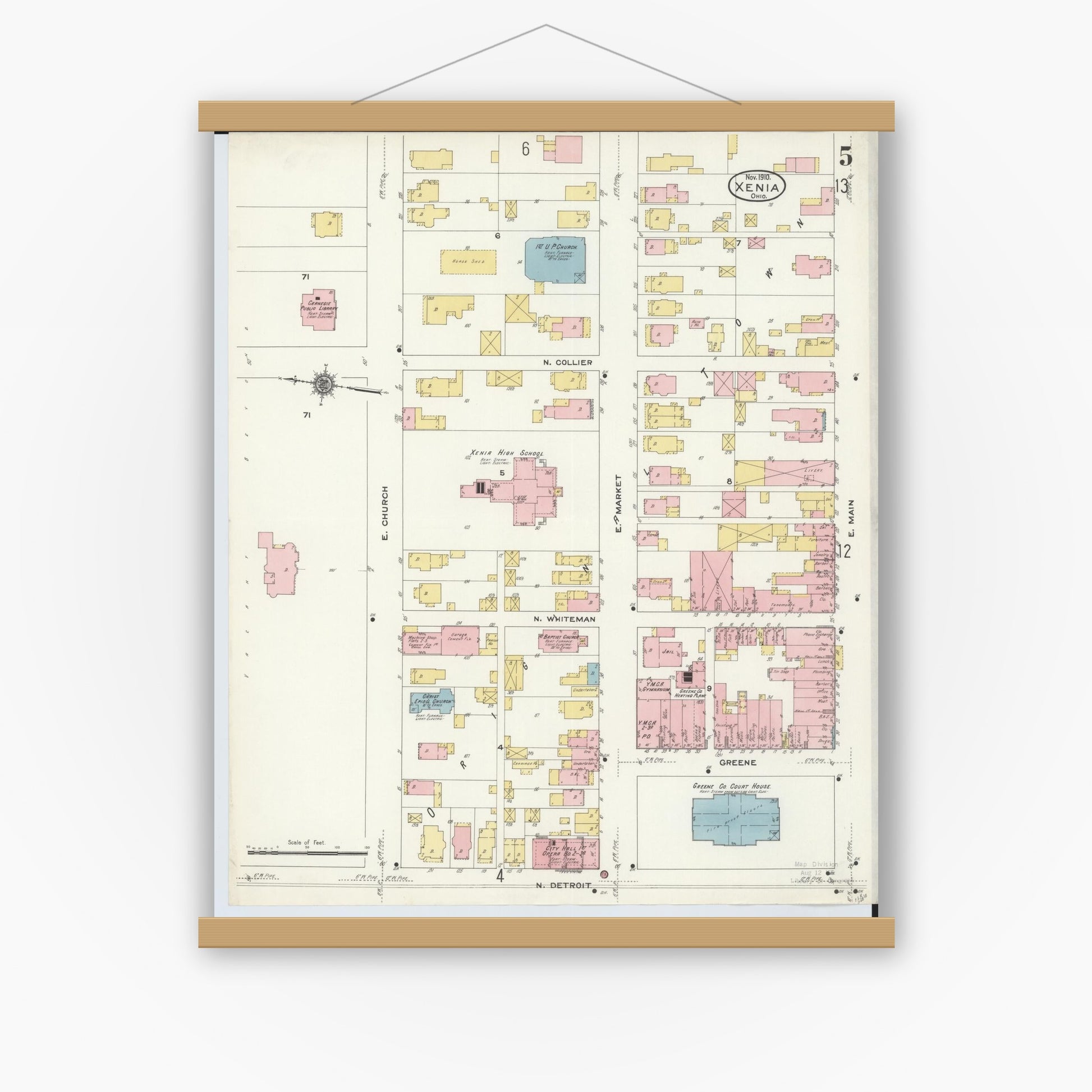 Old map wall art mockup — magnetic wood frame on white wall — Sanborn Fire Insurance Map from Xenia, Greene County, Ohio (1910), Sheet #0005