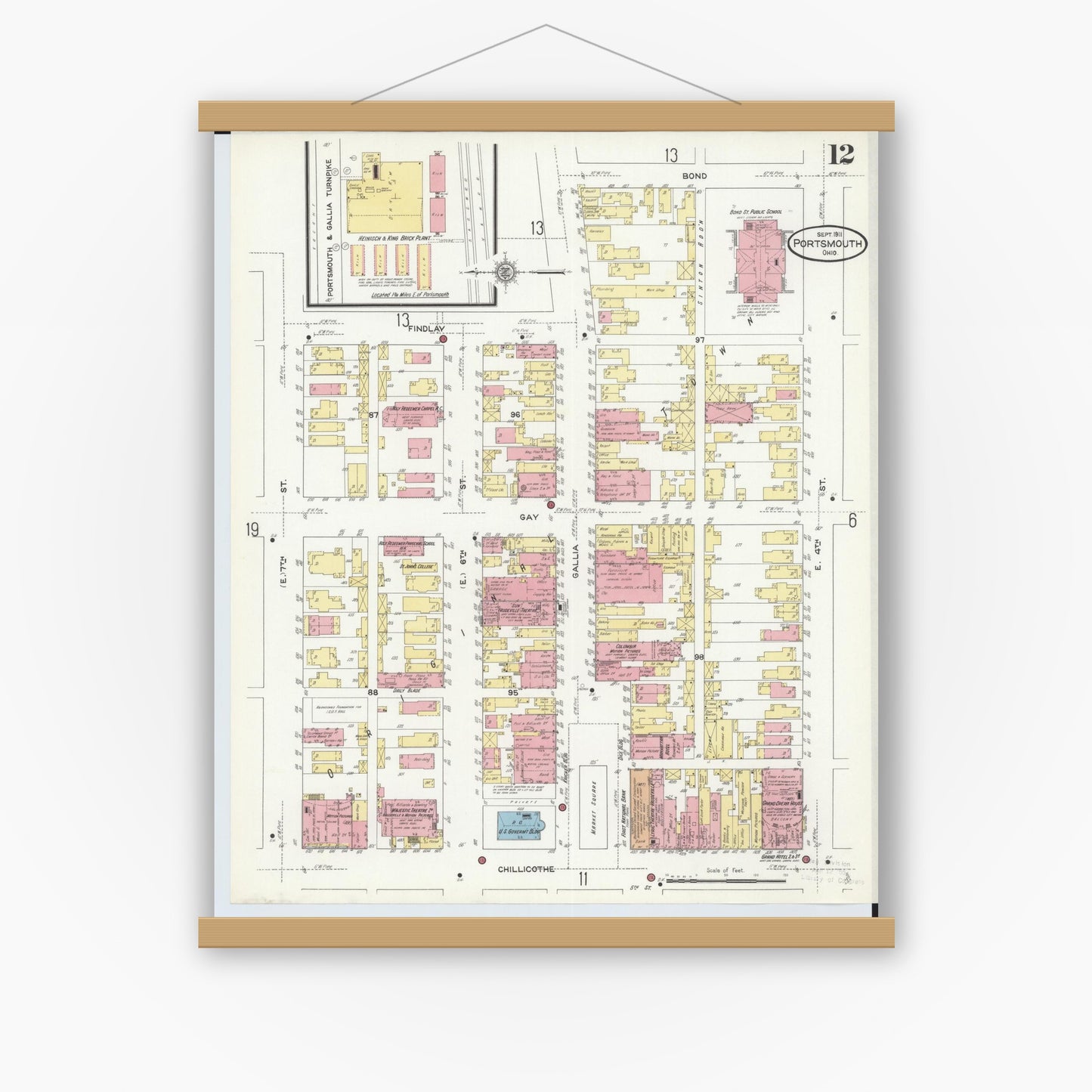 Old map wall art mockup — magnetic wood frame on white wall — Sanborn Fire Insurance Map from Portsmouth, Scioto County, Ohio (1911), Sheet #0012