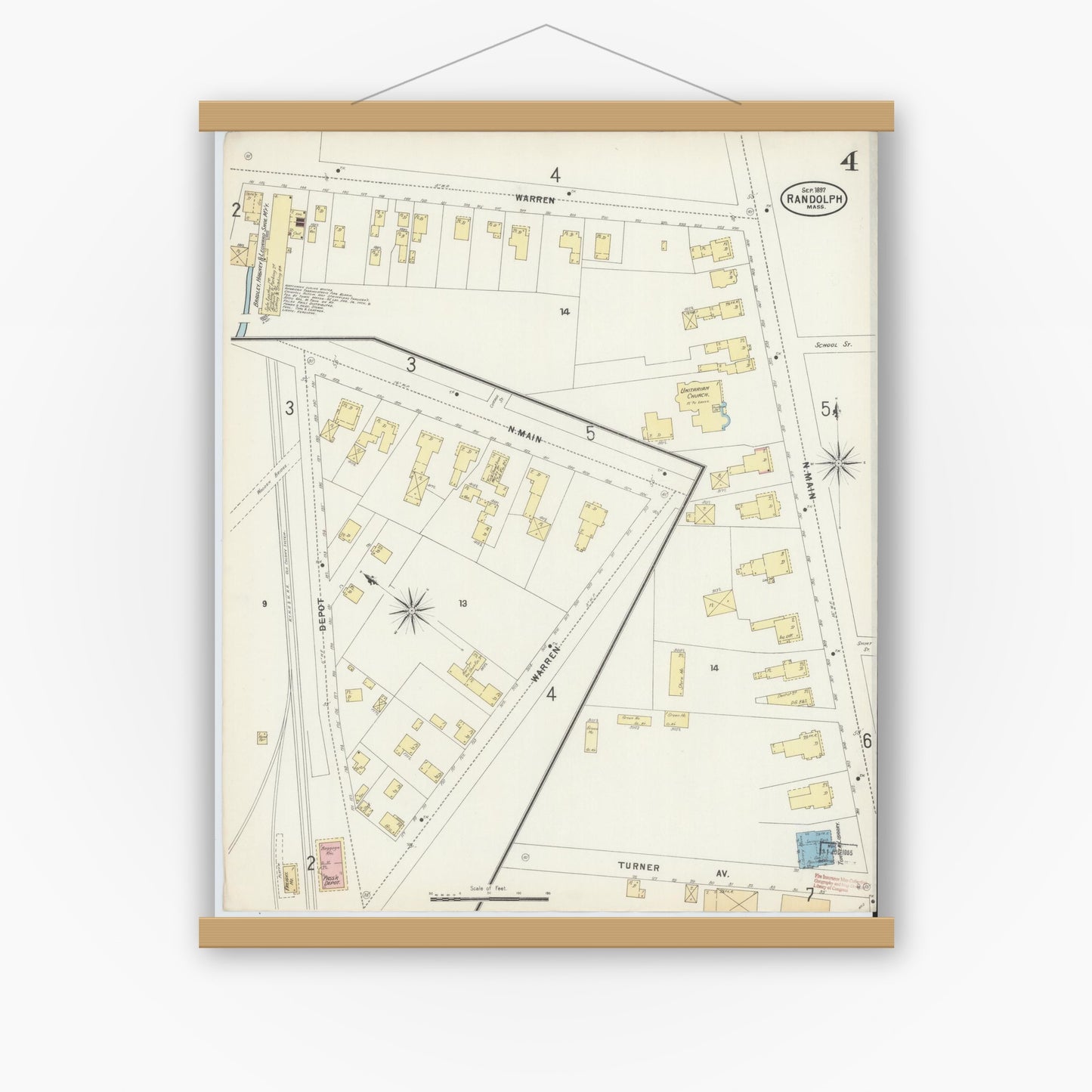 Old map wall art mockup — magnetic wood frame on white wall — Sanborn Fire Insurance Map from Randolph, Norfolk County, Massachusetts (1897), Sheet #0004