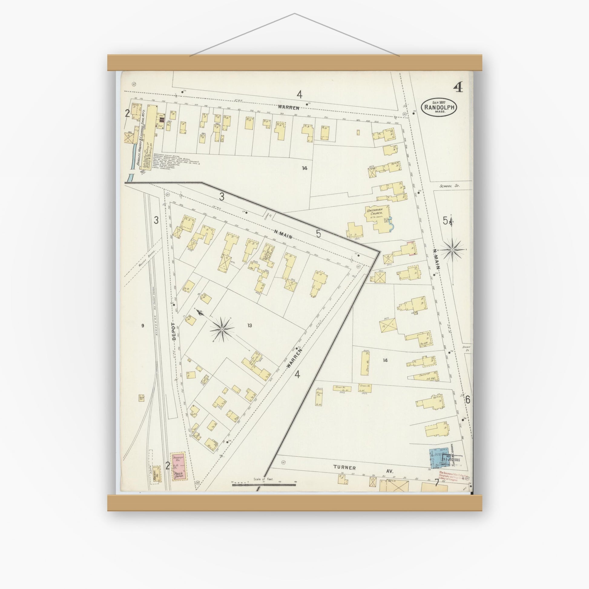 Old map wall art mockup — magnetic wood frame on white wall — Sanborn Fire Insurance Map from Randolph, Norfolk County, Massachusetts (1897), Sheet #0004