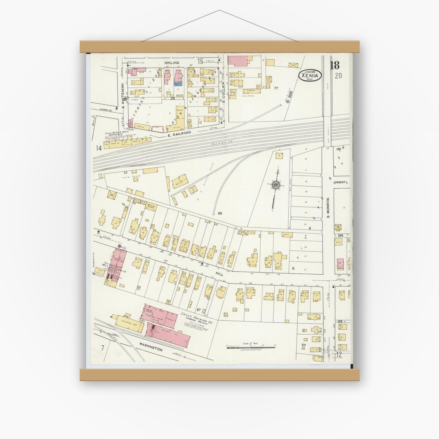Old map wall art mockup — magnetic wood frame on white wall — Sanborn Fire Insurance Map from Xenia, Greene County, Ohio (1919), Sheet #0018