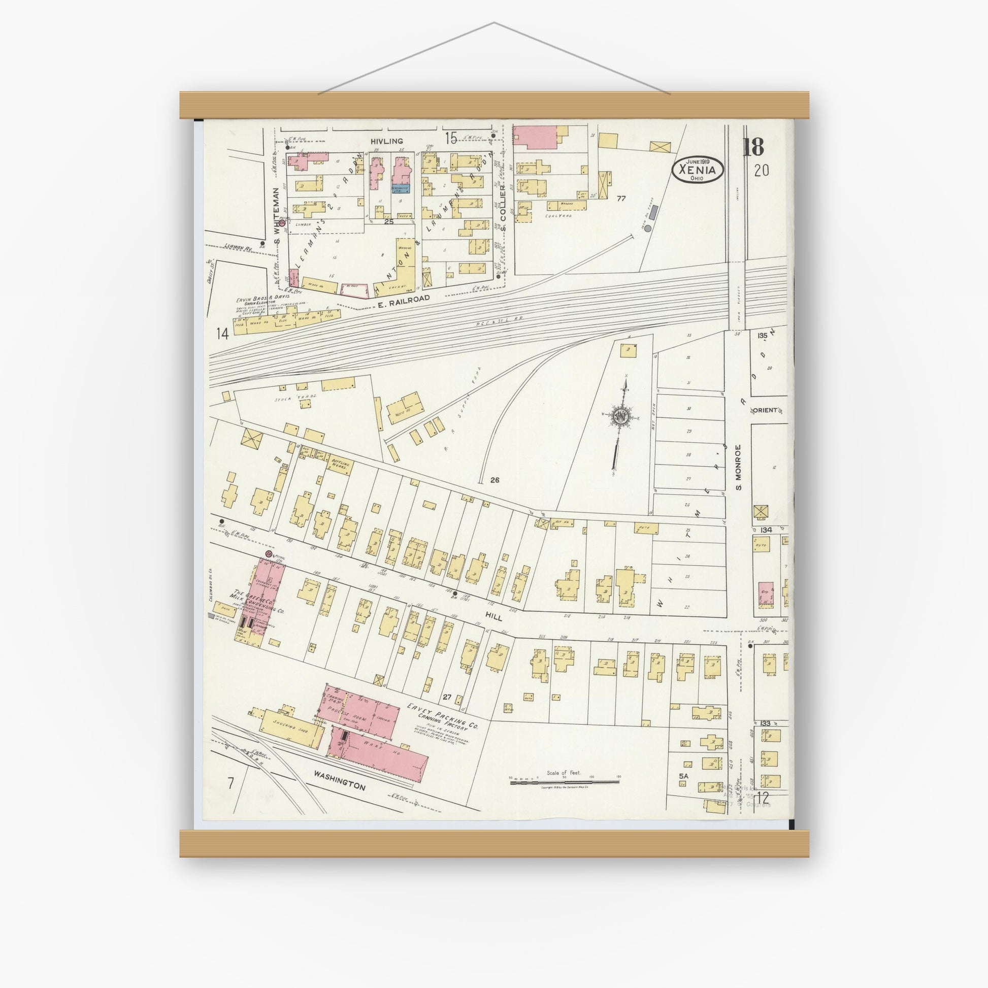 Old map wall art mockup — magnetic wood frame on white wall — Sanborn Fire Insurance Map from Xenia, Greene County, Ohio (1919), Sheet #0018