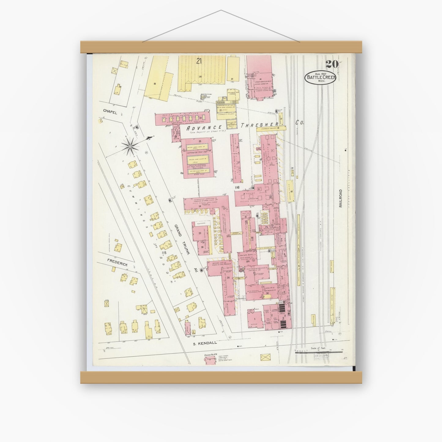 Old map wall art mockup — magnetic wood frame on white wall — Sanborn Fire Insurance Map from Battle Creek, Calhoun County, Michigan (1907), Sheet #0020