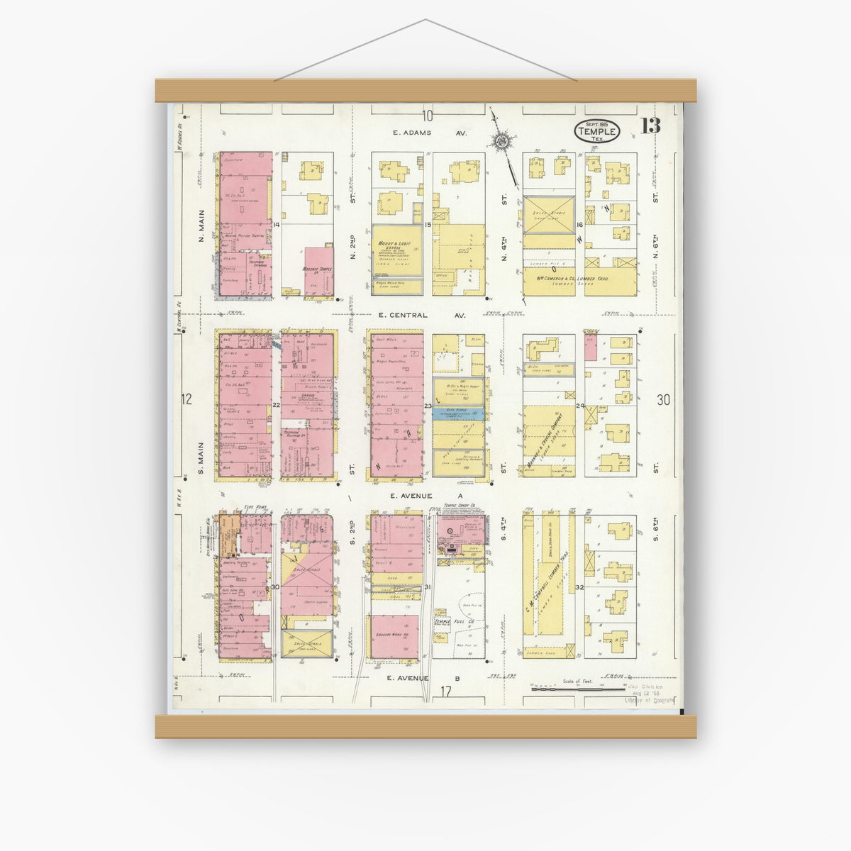 Old map wall art mockup — magnetic wood frame on white wall — Sanborn Fire Insurance Map from Temple, Bell County, Texas (1915), Sheet #0013