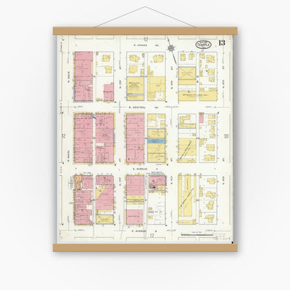 Old map wall art mockup — magnetic wood frame on white wall — Sanborn Fire Insurance Map from Temple, Bell County, Texas (1915), Sheet #0013