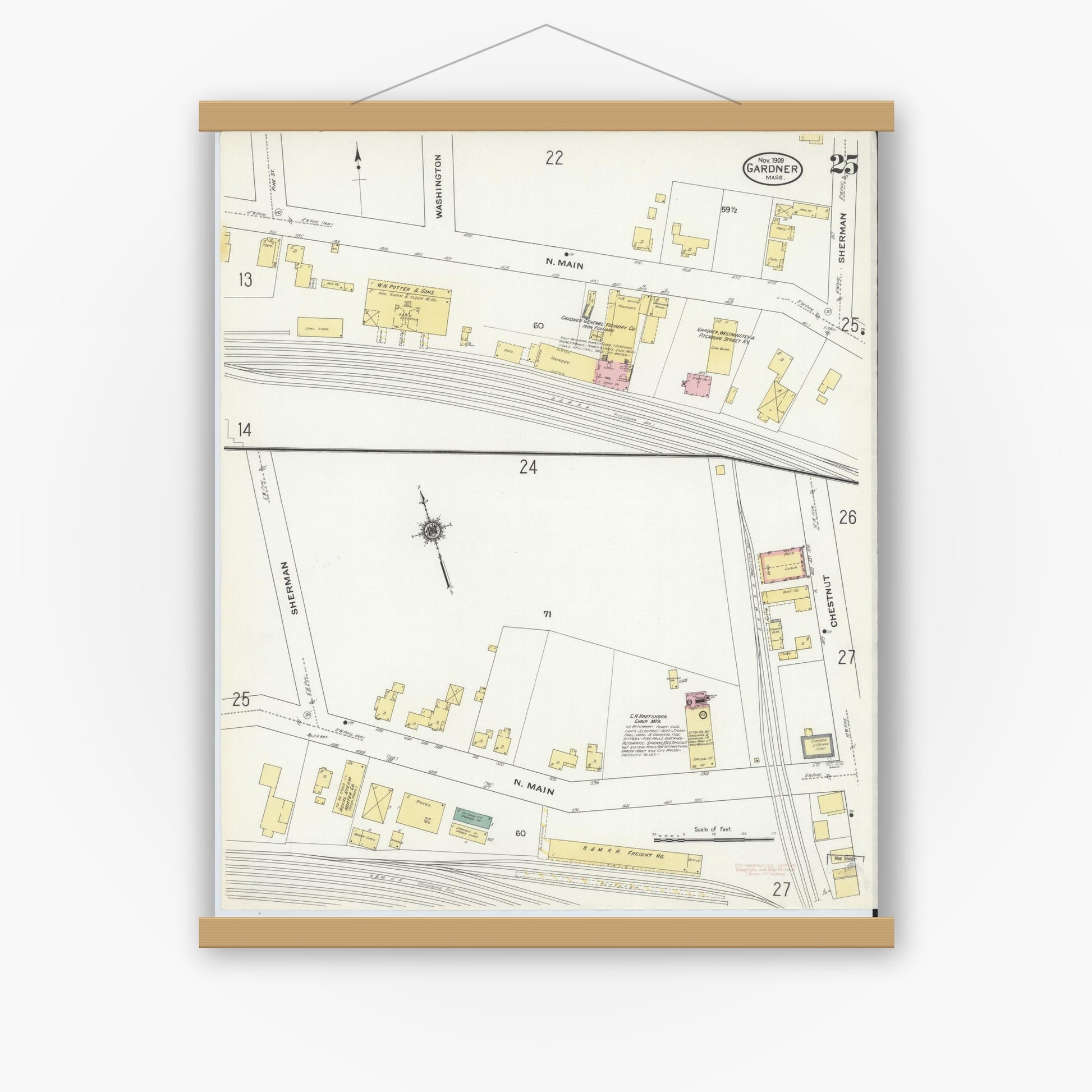 Old map wall art mockup — magnetic wood frame on white wall — Sanborn Fire Insurance Map from Gardner, Worcester County, Massachusetts (1909), Sheet #0025