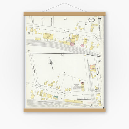 Old map wall art mockup — magnetic wood frame on white wall — Sanborn Fire Insurance Map from Gardner, Worcester County, Massachusetts (1909), Sheet #0025