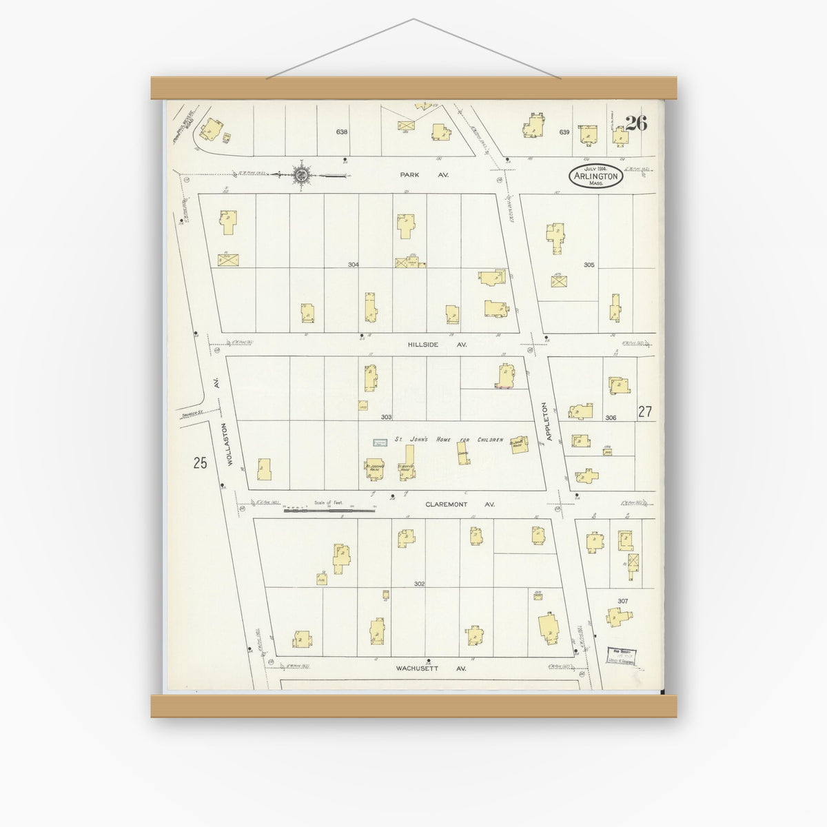 Old map wall art mockup — magnetic wood frame on white wall — Sanborn Fire Insurance Map from Arlington, Middlesex County, Massachusetts (1914), Sheet #0026