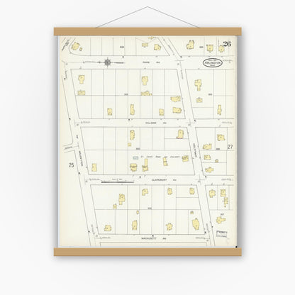 Old map wall art mockup — magnetic wood frame on white wall — Sanborn Fire Insurance Map from Arlington, Middlesex County, Massachusetts (1914), Sheet #0026