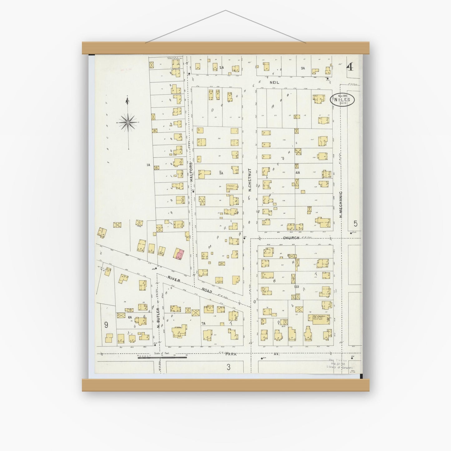 Old map wall art mockup — magnetic wood frame on white wall — Sanborn Fire Insurance Map from Niles, Trumbull County, Ohio (1898), Sheet #0004