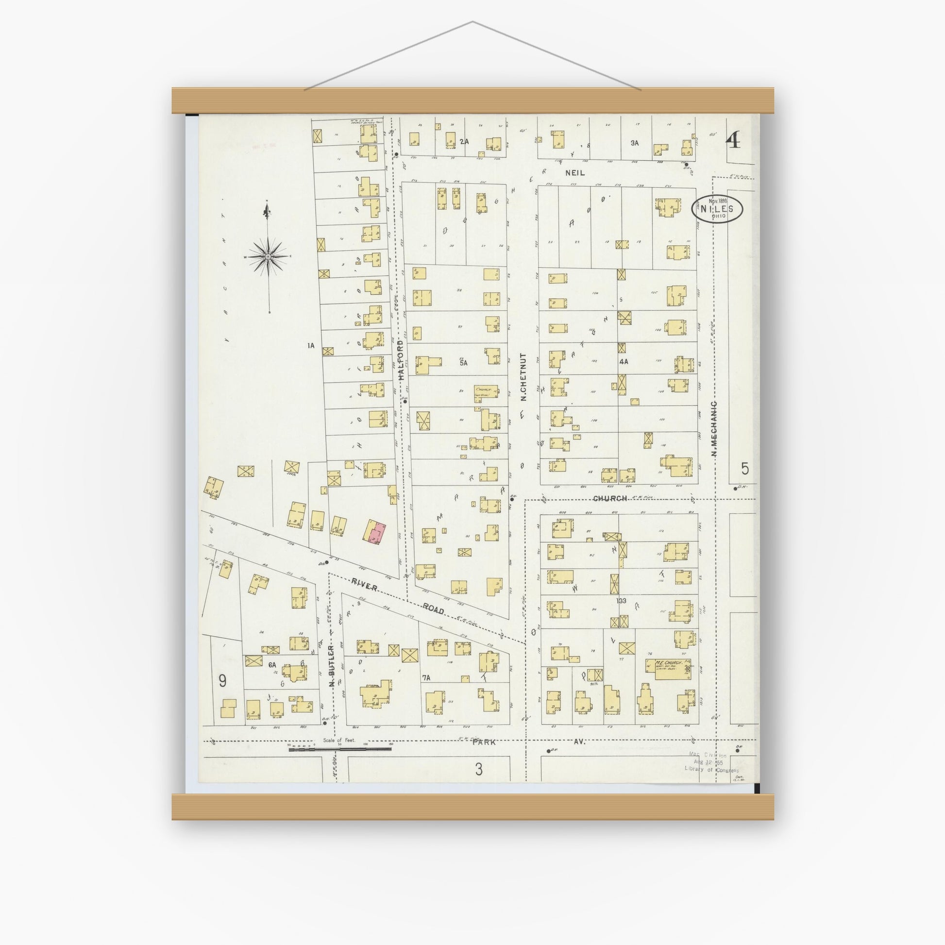 Old map wall art mockup — magnetic wood frame on white wall — Sanborn Fire Insurance Map from Niles, Trumbull County, Ohio (1898), Sheet #0004