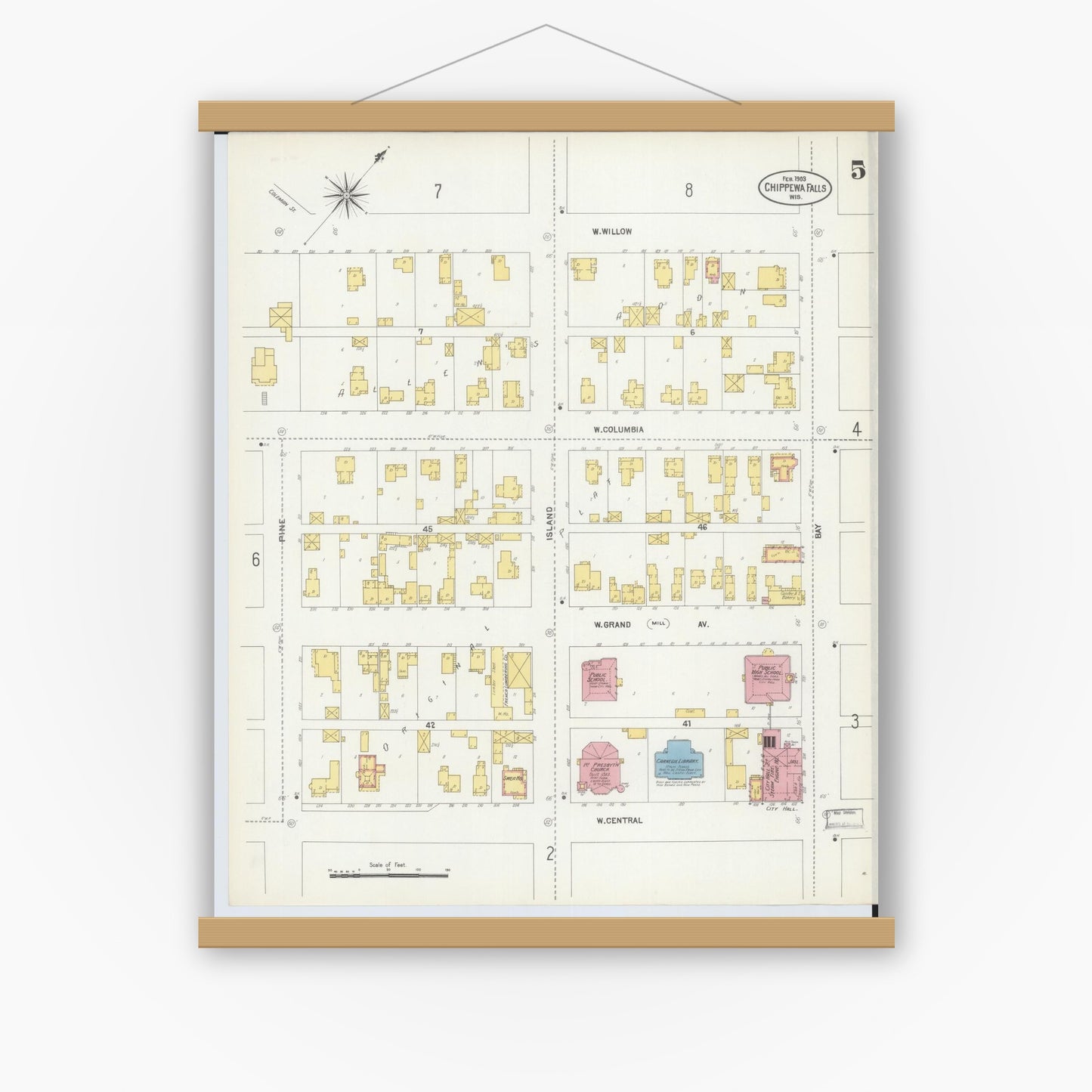 Old map wall art mockup — magnetic wood frame on white wall — Sanborn Fire Insurance Map from Chippewa Falls, Chippewa County, Wisconsin (1903), Sheet #0005