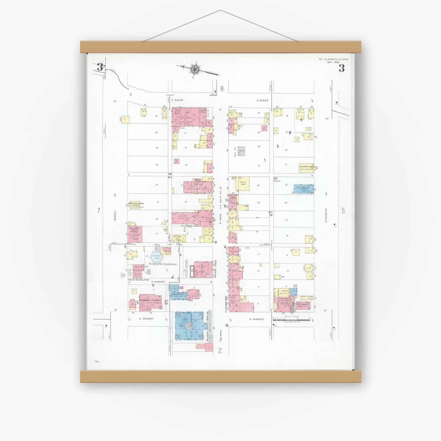 Old map wall art mockup — magnetic wood frame on white wall — Sanborn Fire Insurance Map from Saint Clairsville, Belmont County, Ohio (1946), Sheet #0003