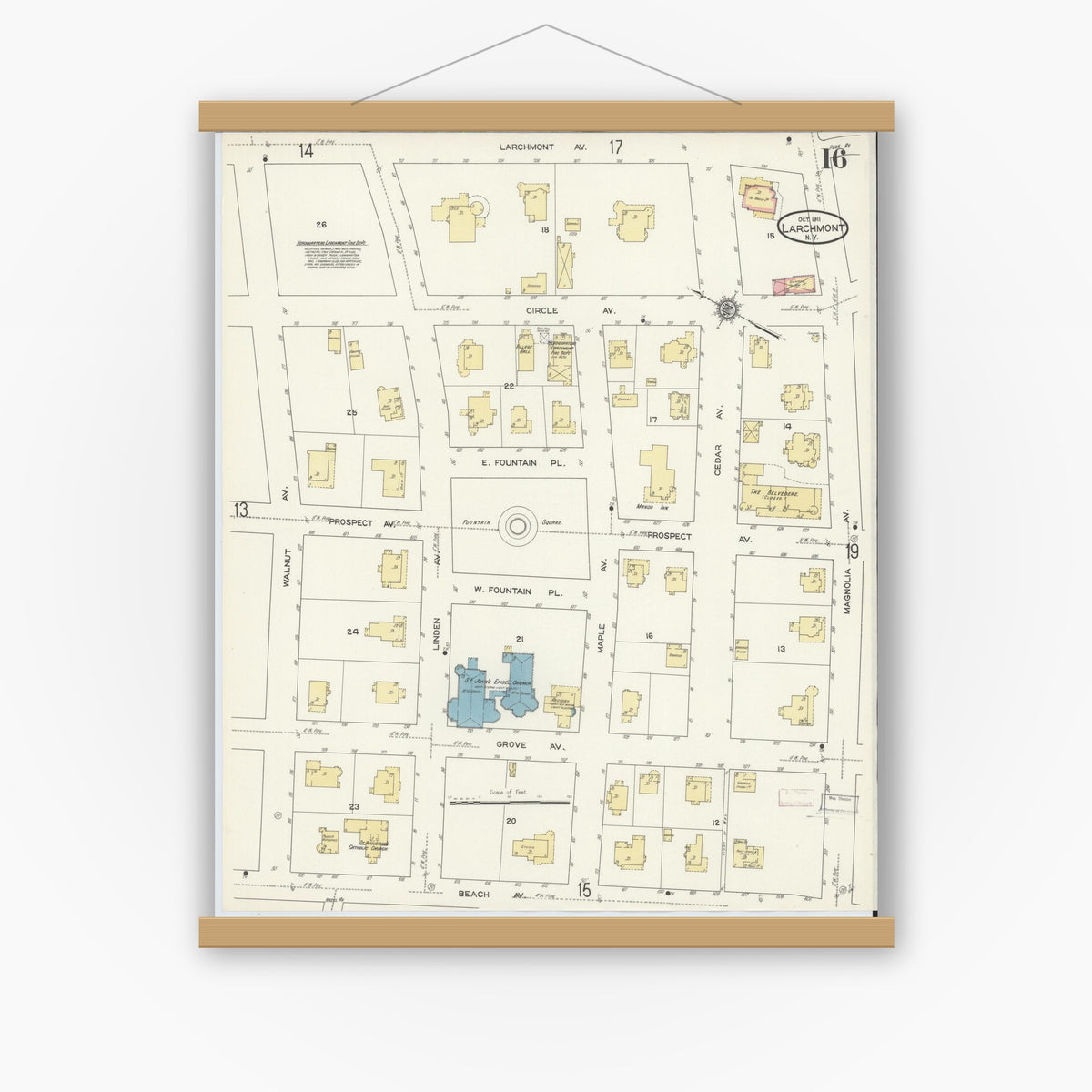 Old map wall art mockup — magnetic wood frame on white wall — Sanborn Fire Insurance Map from Larchmont, Westchester County, New York (1911), Sheet #0016