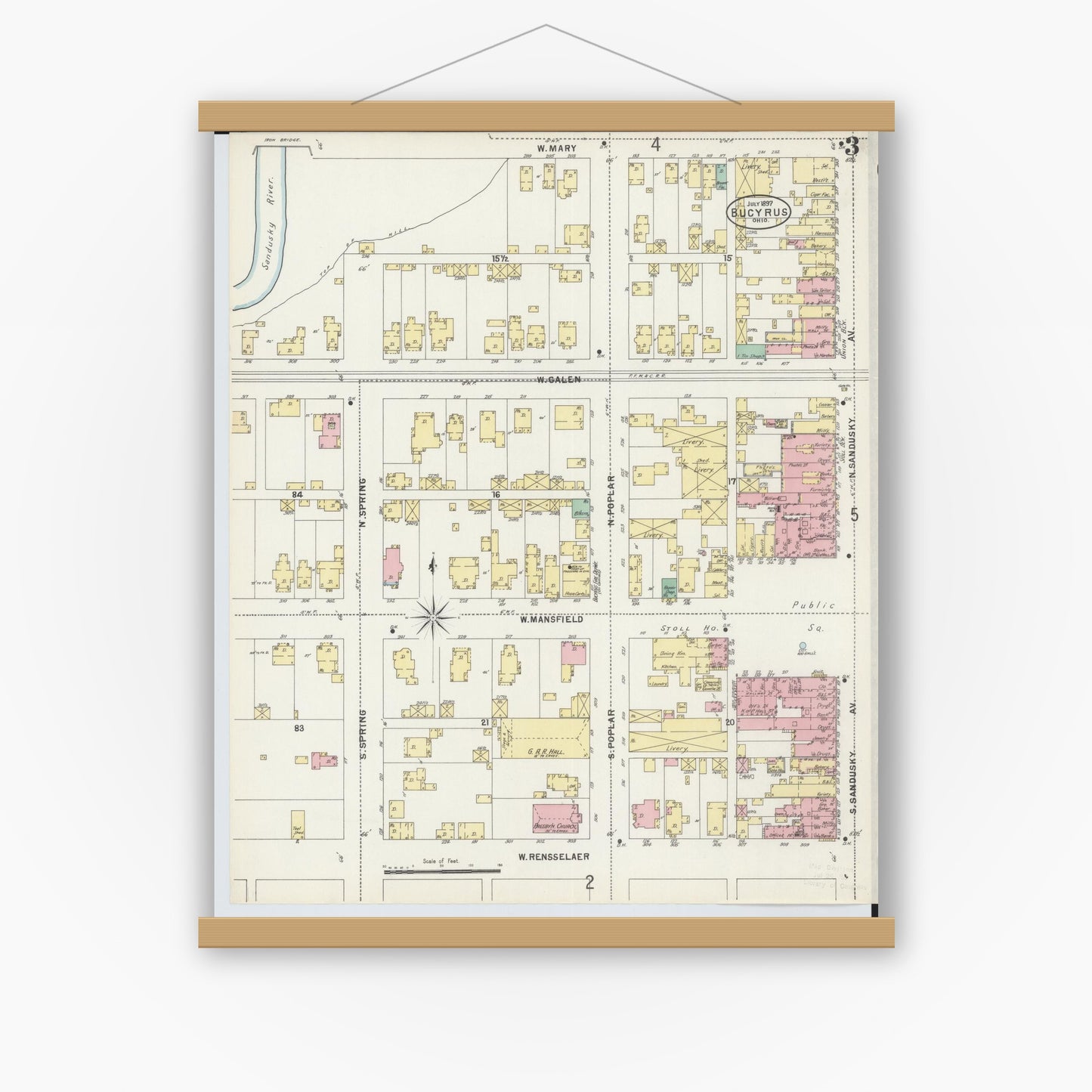 Old map wall art mockup — magnetic wood frame on white wall — Sanborn Fire Insurance Map from Bucyrus, Crawford County, Ohio (1897), Sheet #0003