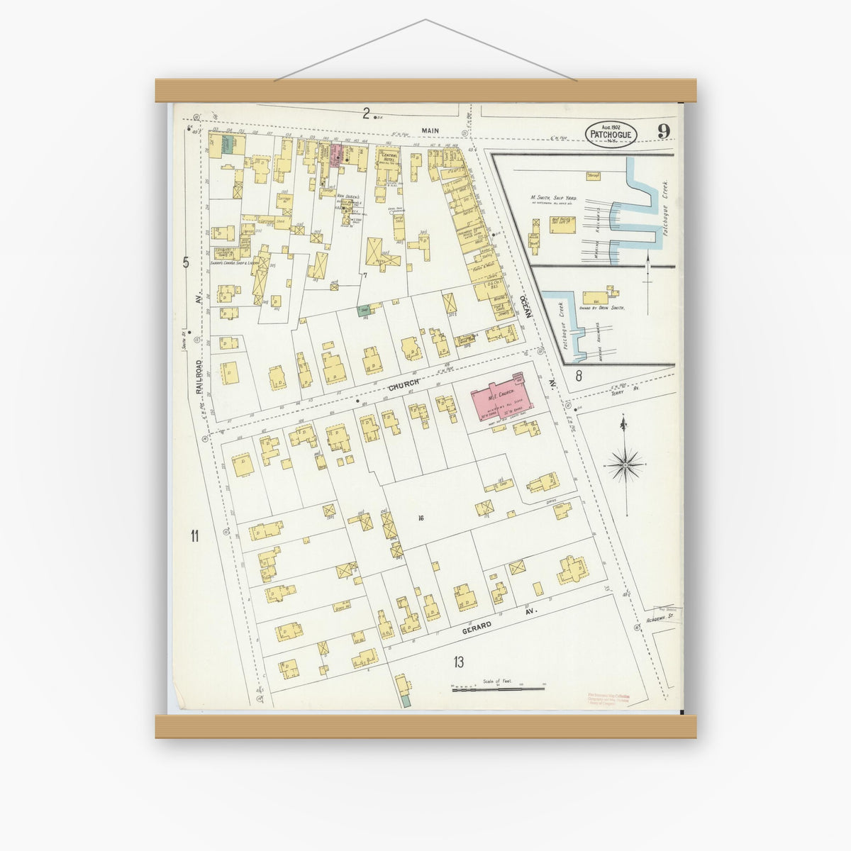 Old map wall art mockup — magnetic wood frame on white wall — Sanborn Fire Insurance Map from Patchogue, Suffolk County, New York (1902), Sheet #0009