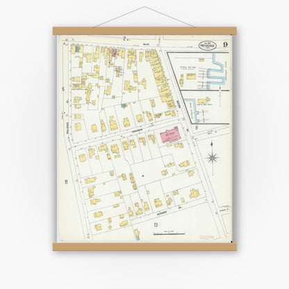Old map wall art mockup — magnetic wood frame on white wall — Sanborn Fire Insurance Map from Patchogue, Suffolk County, New York (1902), Sheet #0009