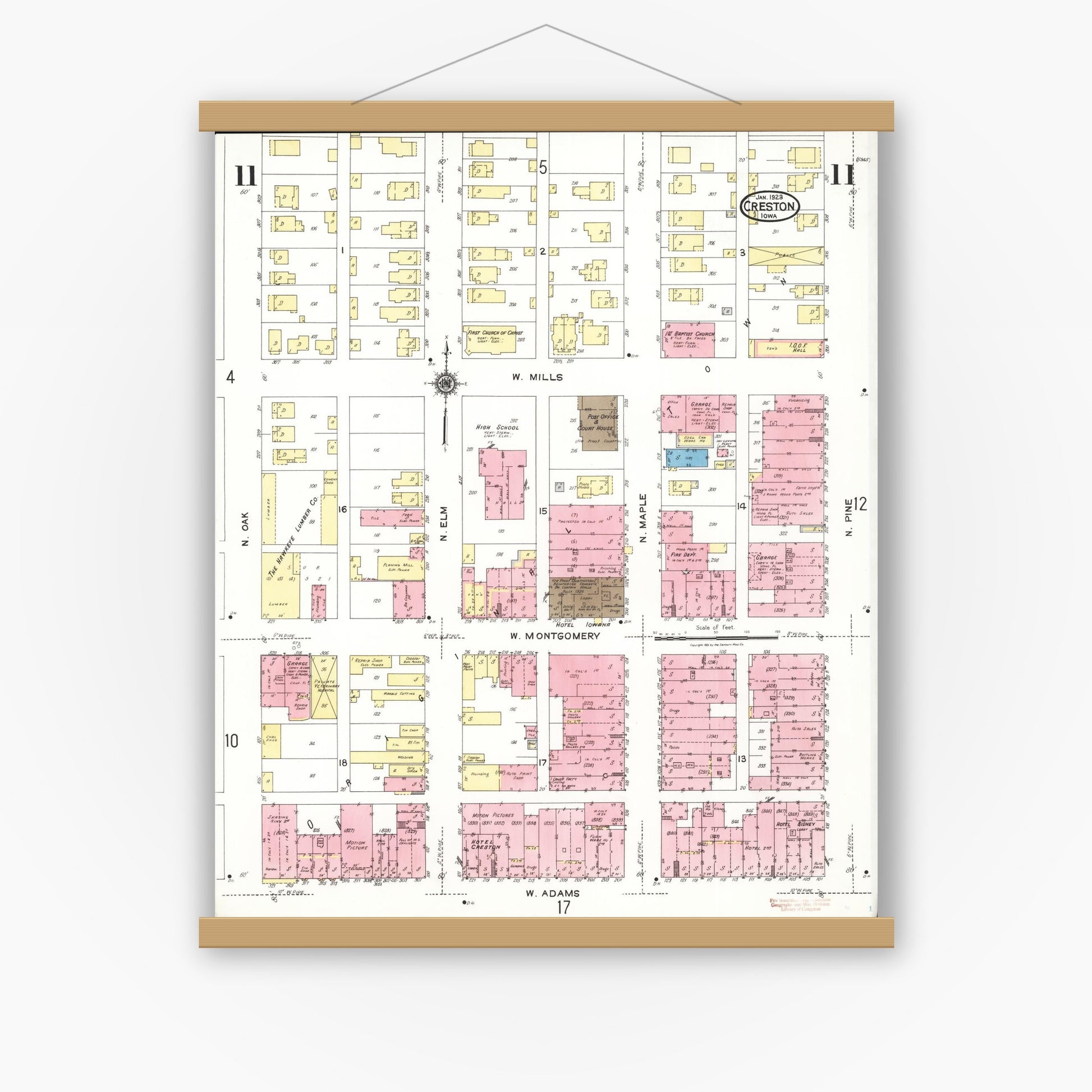 Old map wall art mockup — magnetic wood frame on white wall — Sanborn Fire Insurance Map from Creston, Union County, Iowa (1923), Sheet #0011