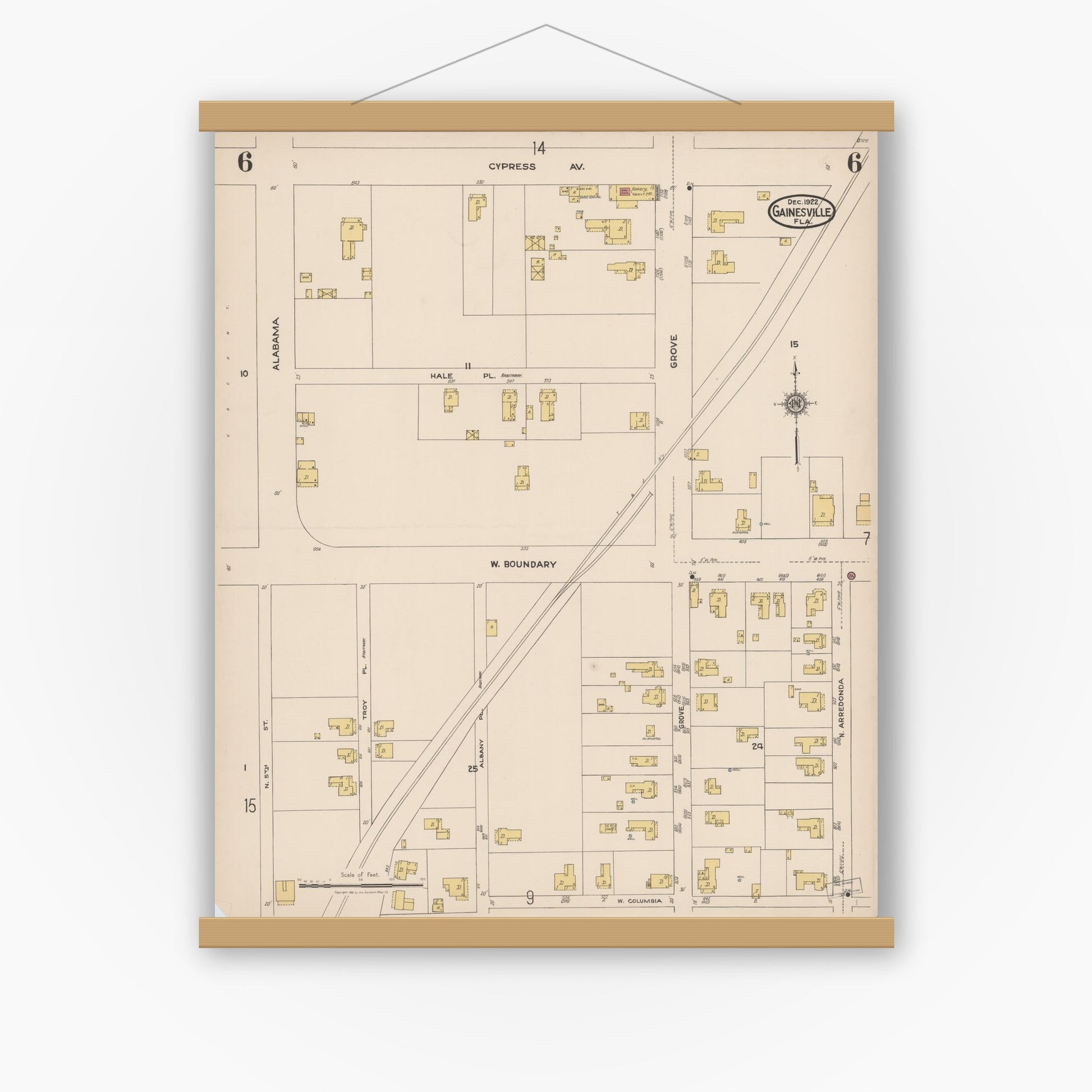 Old map wall art mockup — magnetic wood frame on white wall — Sanborn Fire Insurance Map from Gainesville, Alachua County, Florida (1922), Sheet #0006