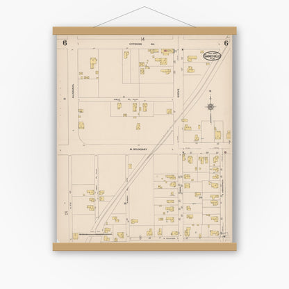 Old map wall art mockup — magnetic wood frame on white wall — Sanborn Fire Insurance Map from Gainesville, Alachua County, Florida (1922), Sheet #0006