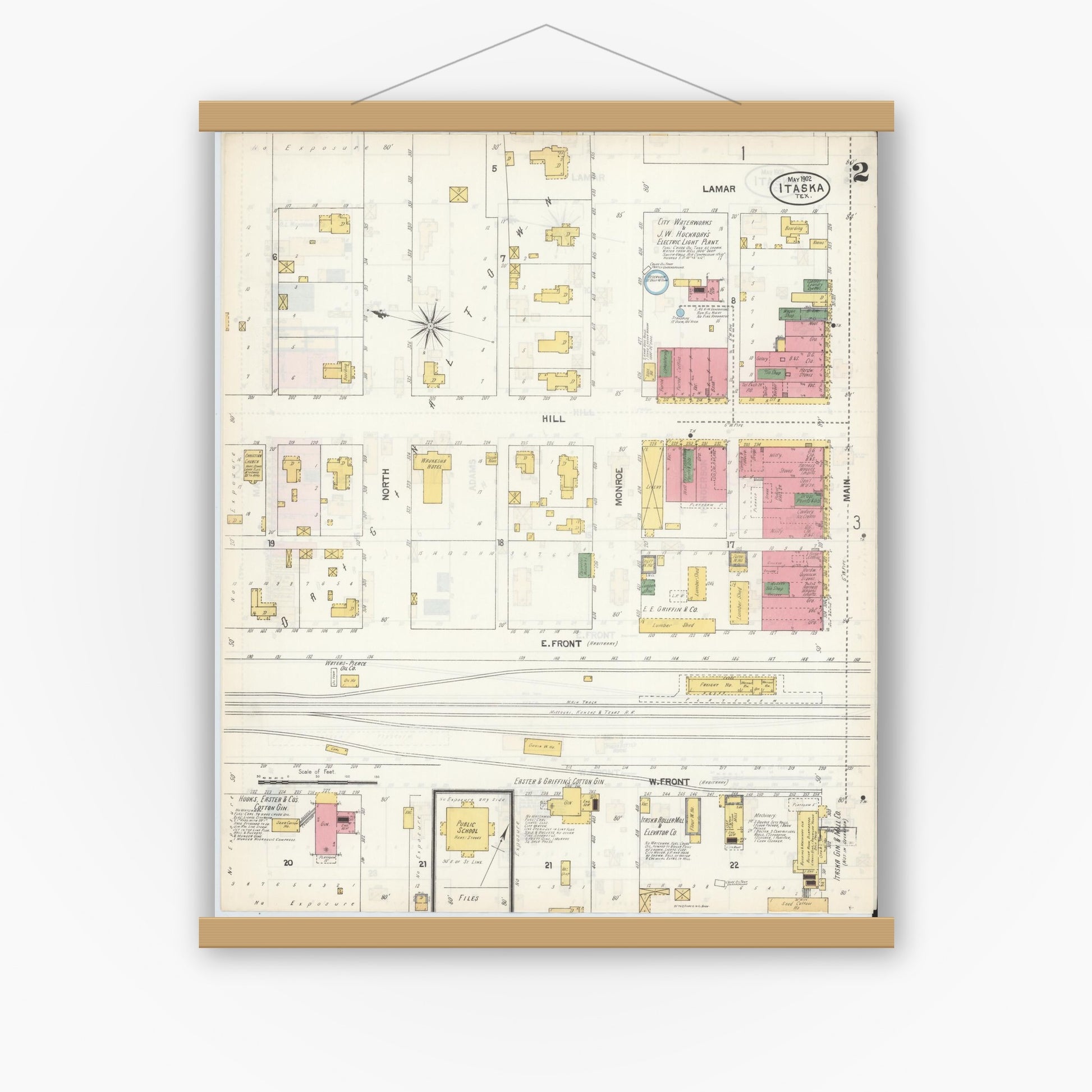 Old map wall art mockup — magnetic wood frame on white wall — Sanborn Fire Insurance Map from Itasca, Hill County, Texas (1902), Sheet #0002