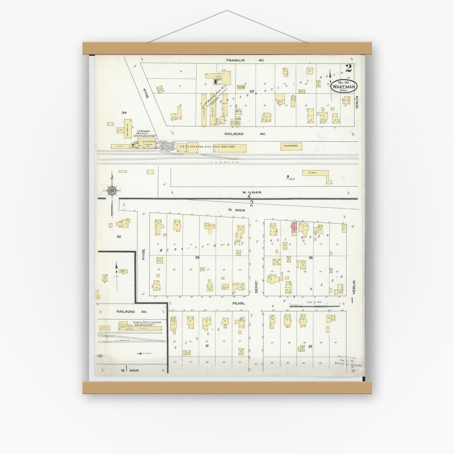 Old map wall art mockup — magnetic wood frame on white wall — Sanborn Fire Insurance Map from Wakeman, Huron County, Ohio (1911), Sheet #0002