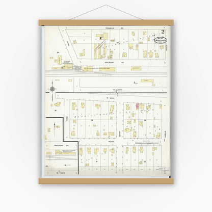 Old map wall art mockup — magnetic wood frame on white wall — Sanborn Fire Insurance Map from Wakeman, Huron County, Ohio (1911), Sheet #0002