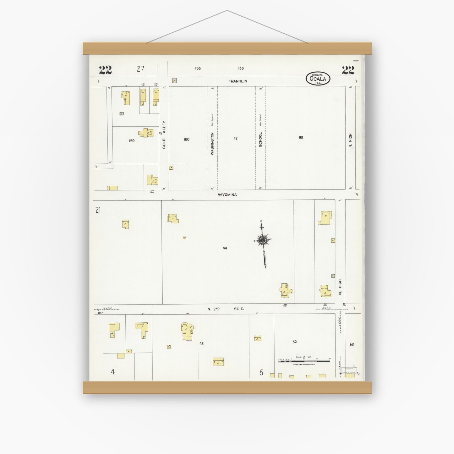 Old map wall art mockup — magnetic wood frame on white wall — Sanborn Fire Insurance Map from Ocala, Marion County, Florida (1924), Sheet #0022