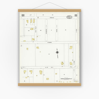 Old map wall art mockup — magnetic wood frame on white wall — Sanborn Fire Insurance Map from Ocala, Marion County, Florida (1924), Sheet #0022