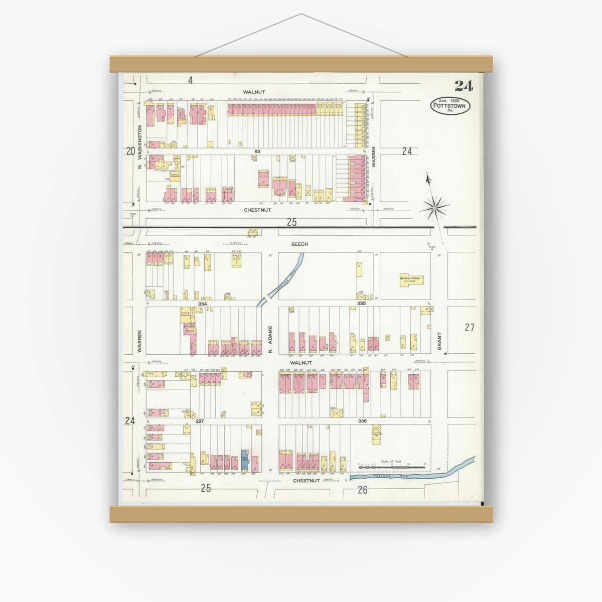 Old map wall art mockup — magnetic wood frame on white wall — Sanborn Fire Insurance Map from Pottstown, Montgomery County, Pennsylvania (1909), Sheet #0024