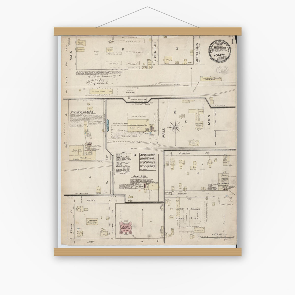 Old map wall art mockup — magnetic wood frame on white wall — Sanborn Fire Insurance Map from Paris, Lamar County, Texas (1885) - Complete Map Set