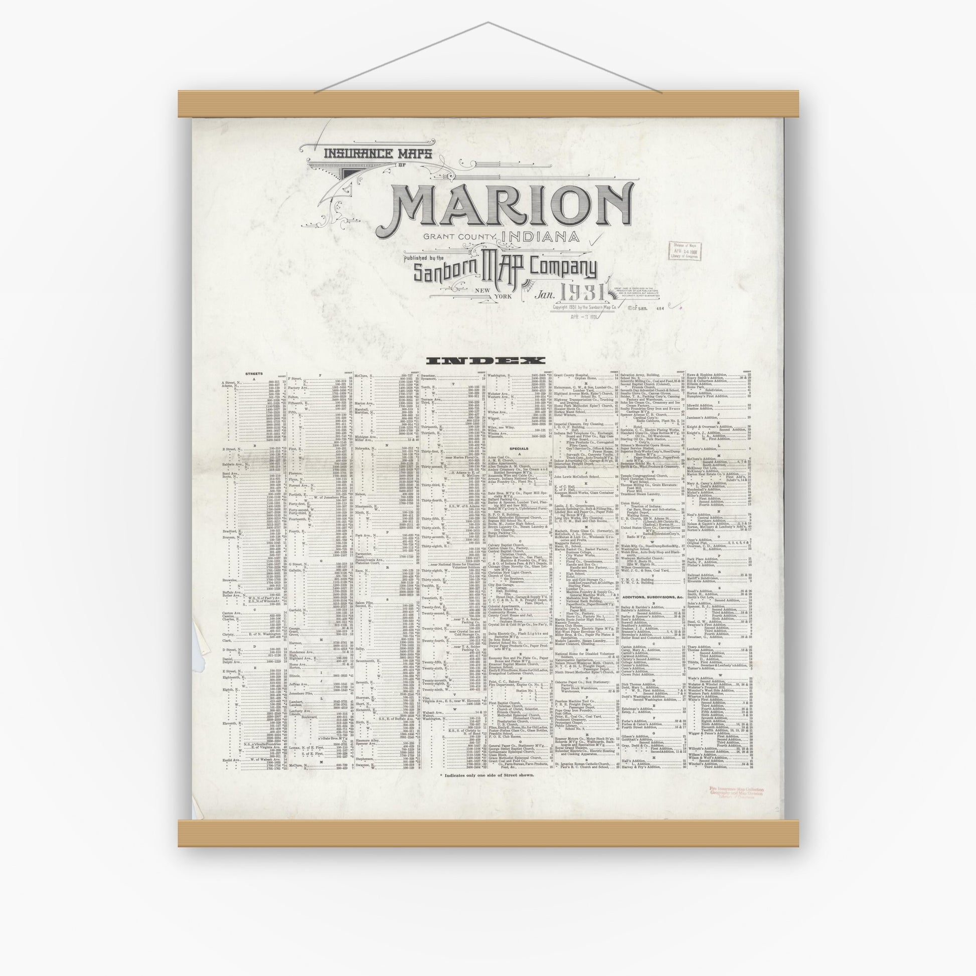 Old map wall art mockup — magnetic wood frame on white wall — Sanborn Fire Insurance Map from Marion, Grant County, Indiana (1931), Sheet #0001