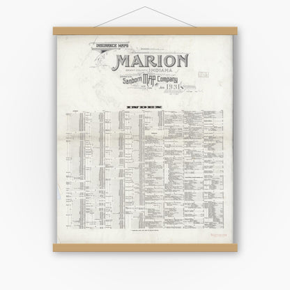 Old map wall art mockup — magnetic wood frame on white wall — Sanborn Fire Insurance Map from Marion, Grant County, Indiana (1931), Sheet #0001