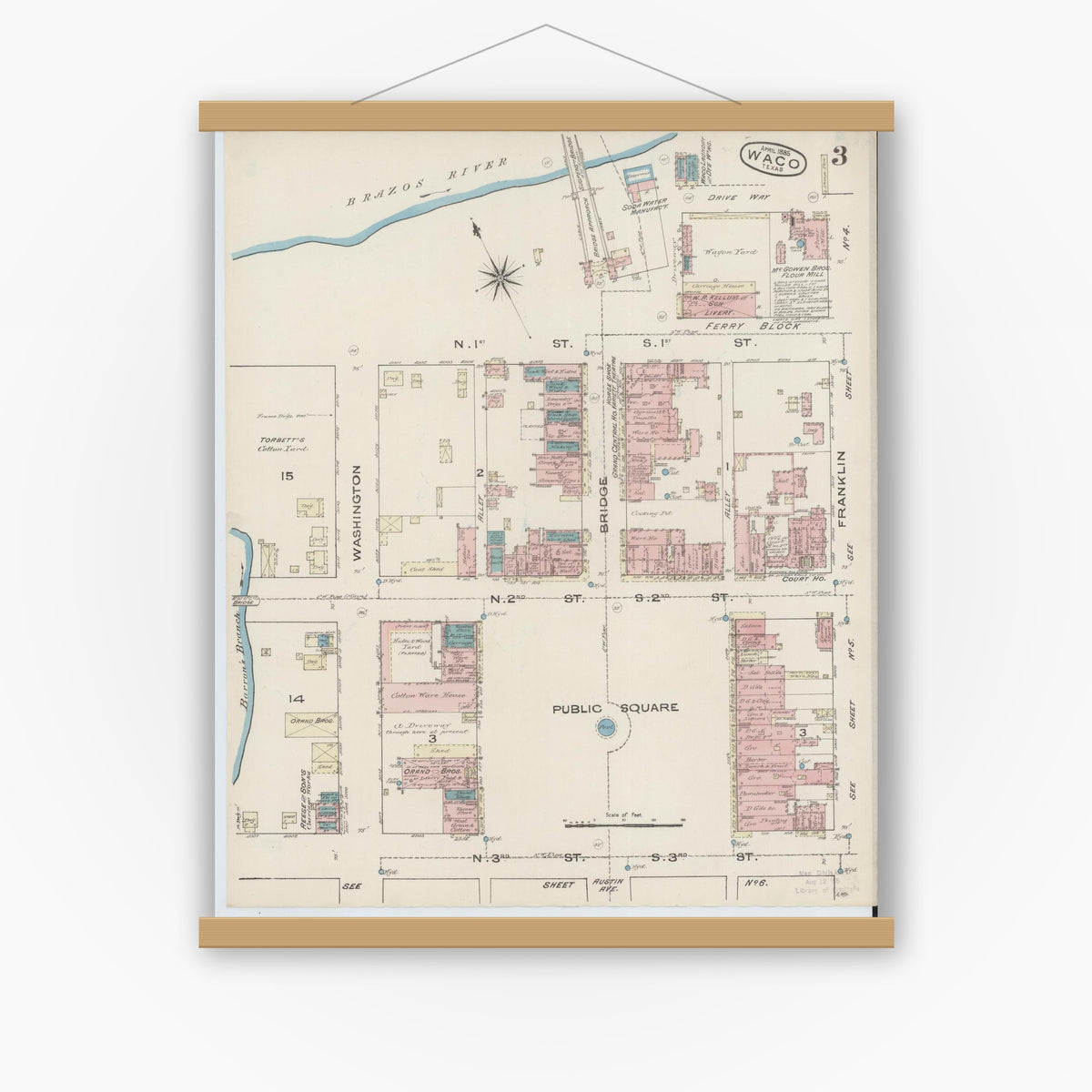 Old map wall art mockup — magnetic wood frame on white wall — Sanborn Fire Insurance Map from Waco, McLennan County, Texas (1885), Sheet #0003