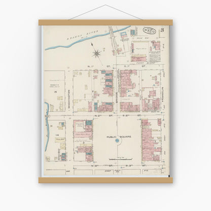 Old map wall art mockup — magnetic wood frame on white wall — Sanborn Fire Insurance Map from Waco, McLennan County, Texas (1885), Sheet #0003
